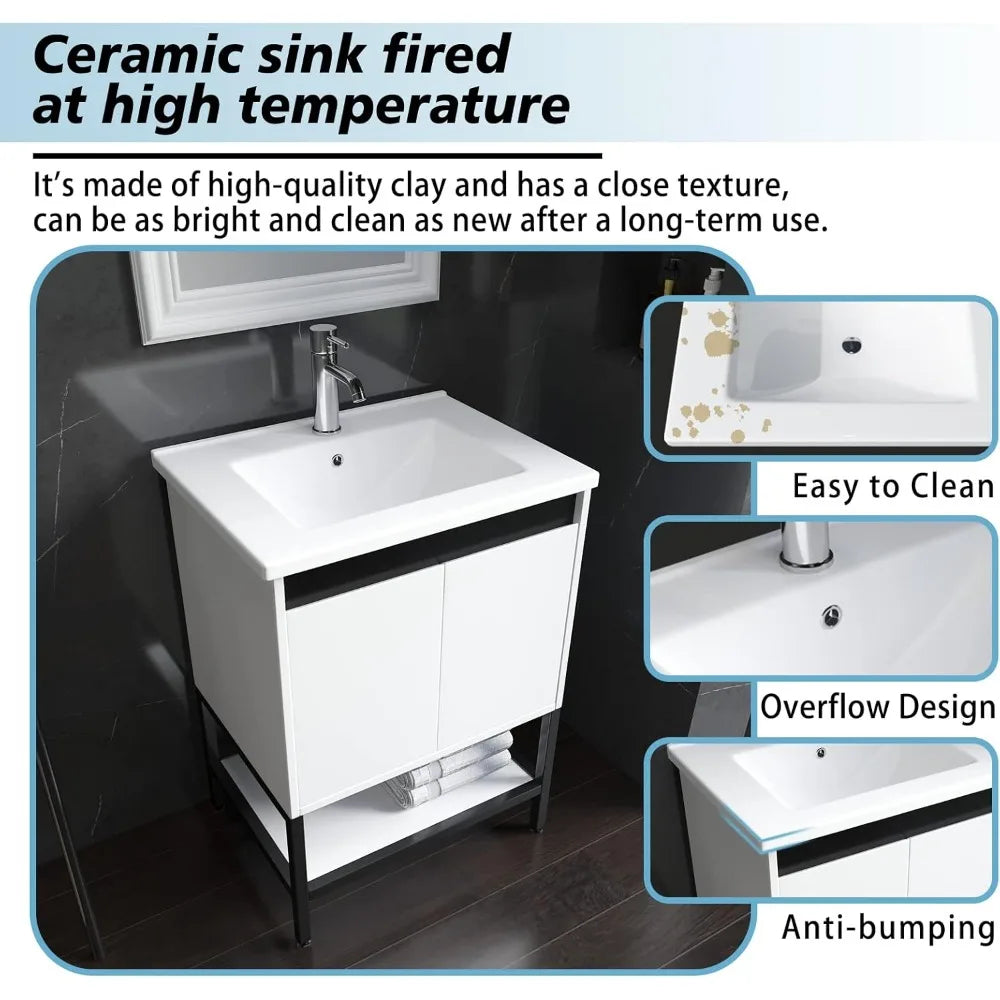 Ceramic Sink Vanity With Modern Chrome Faucet For Bathroom