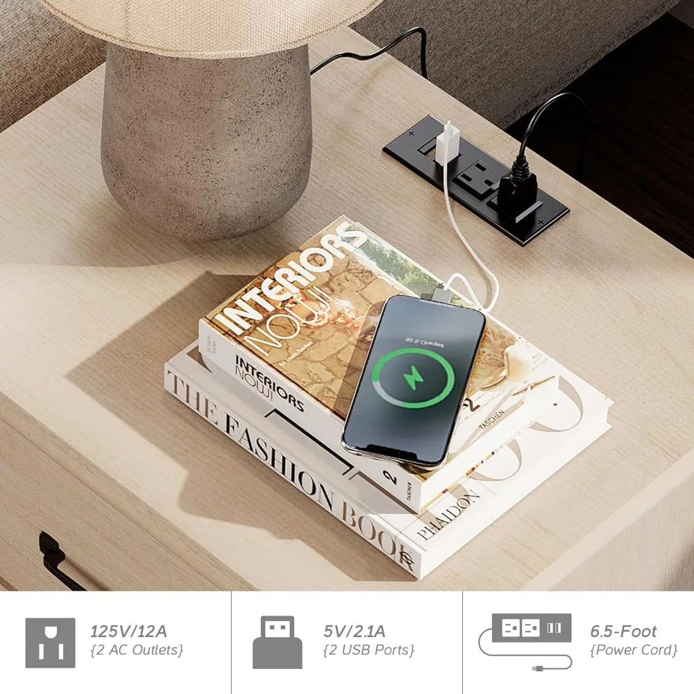 Ticify Set of 2 Nightstands With Charging Station Drawers