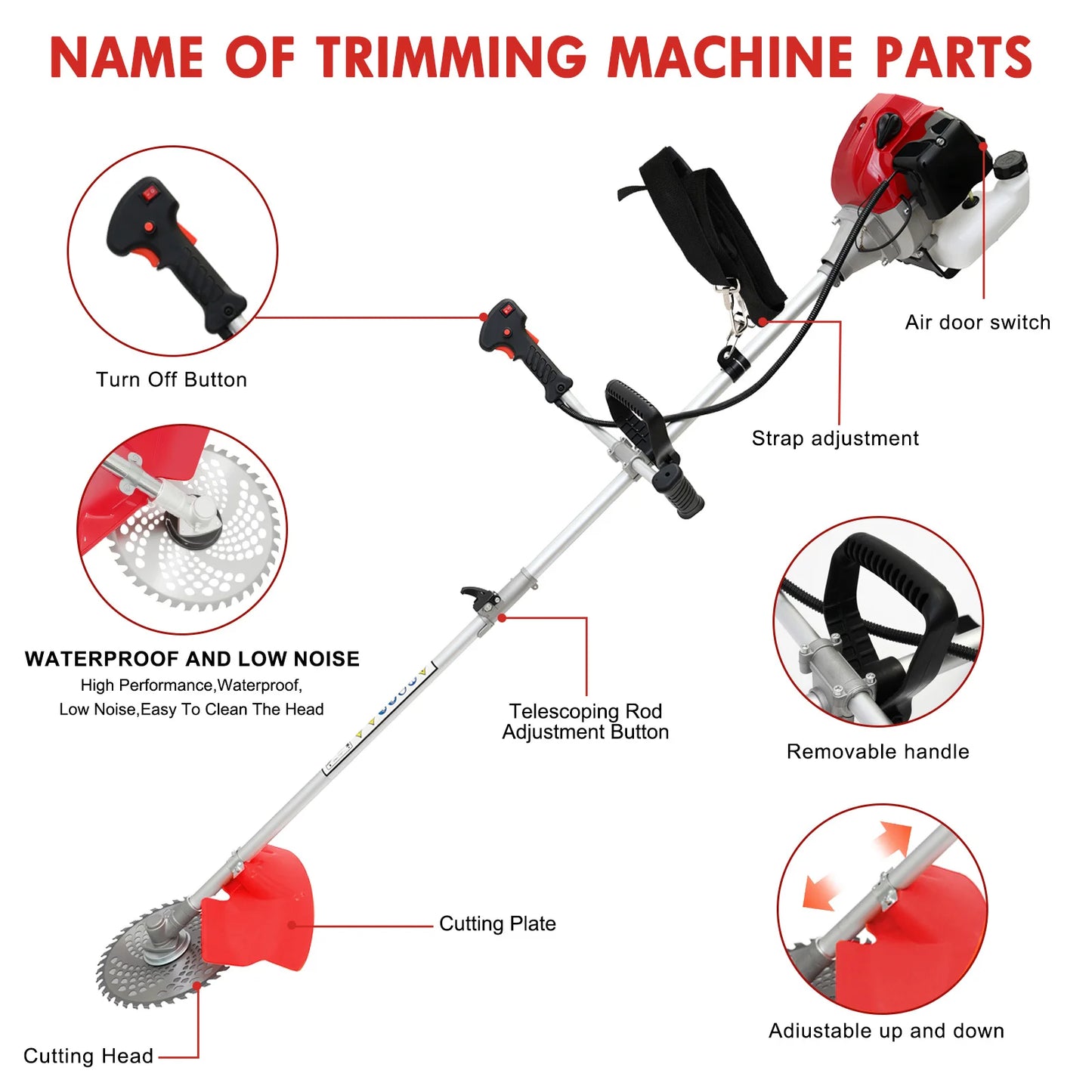 52cc 2-Stroke Gasoline Lawn Mower 4-In-1 System With Adjustable Shaft