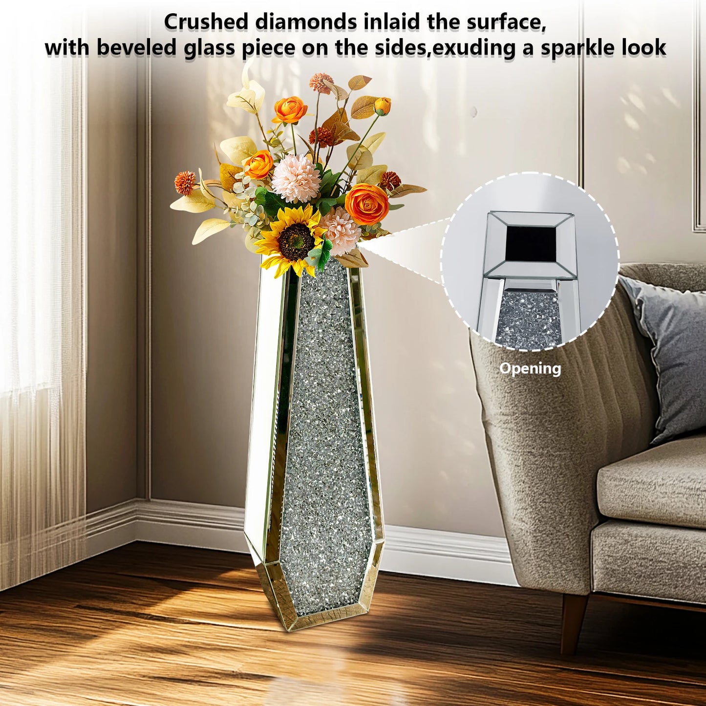 Function Crushed Diamond Mirrored Floor Vase Crystal Glass