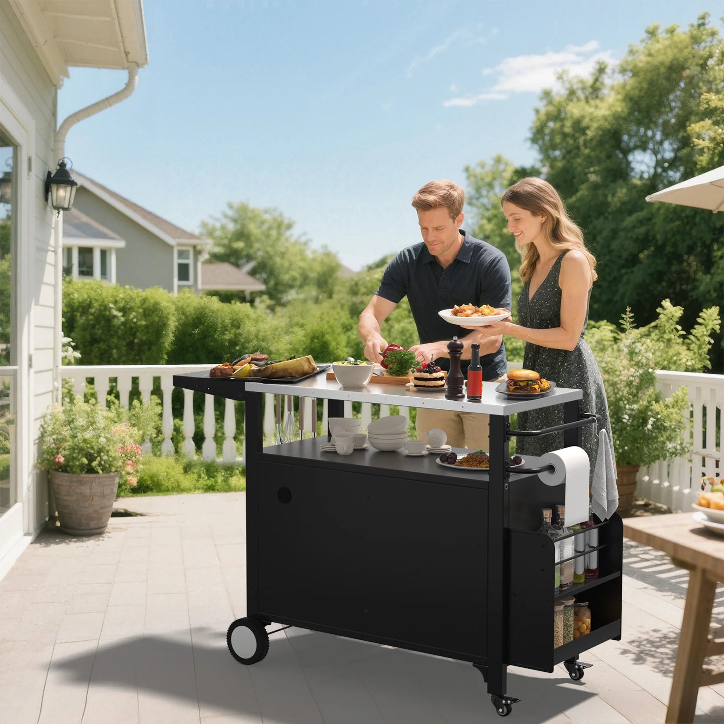 NONECN Outdoor BBQ Serving Cart With Wheels And Hooks