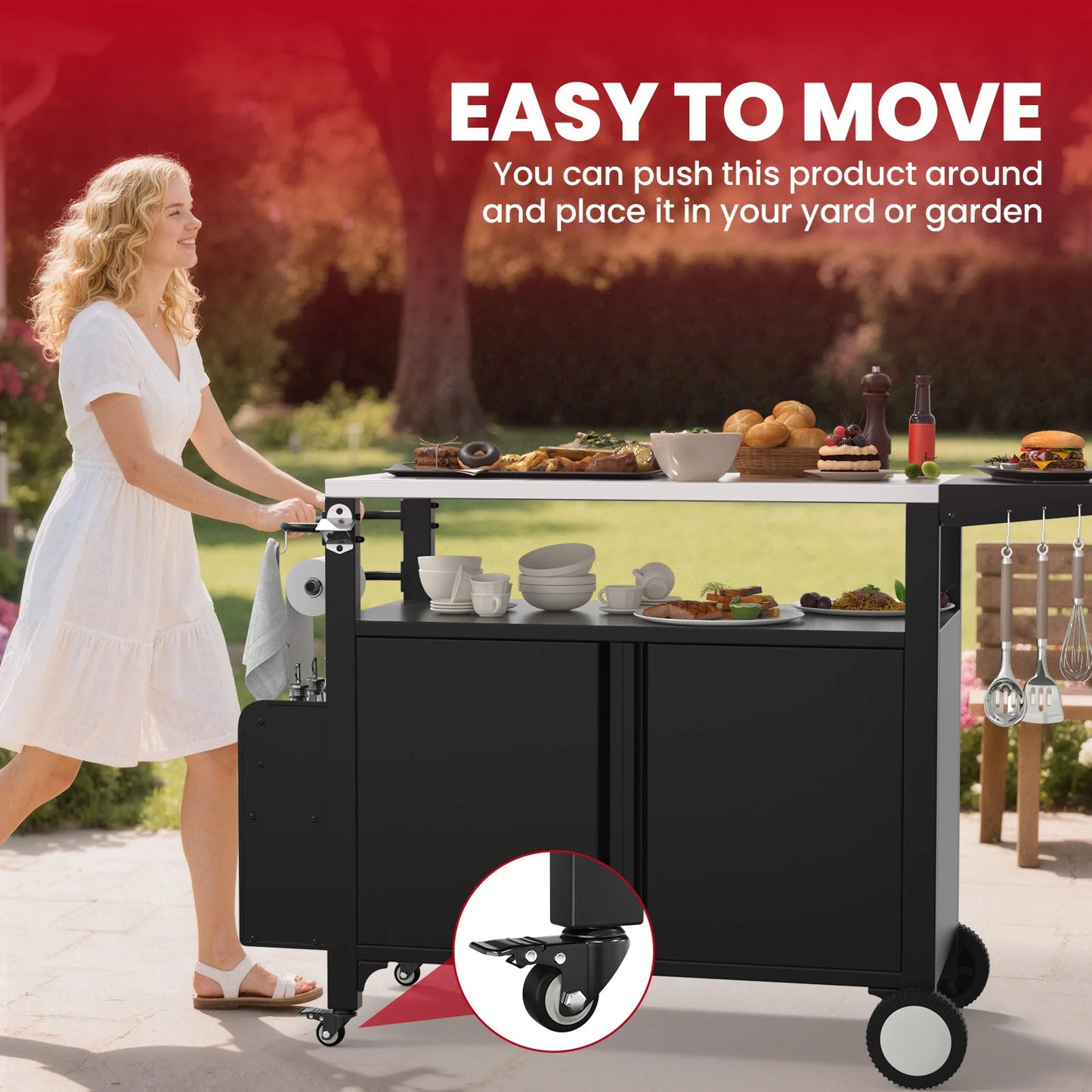 NONECN Outdoor BBQ Serving Cart With Wheels And Hooks