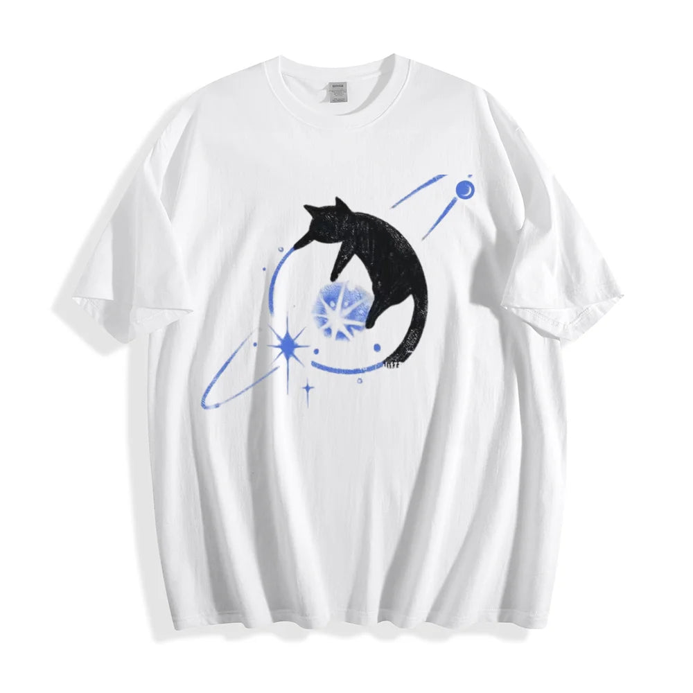 Clothing Summer Cat Print Tee Women Graphic Round Neck Top