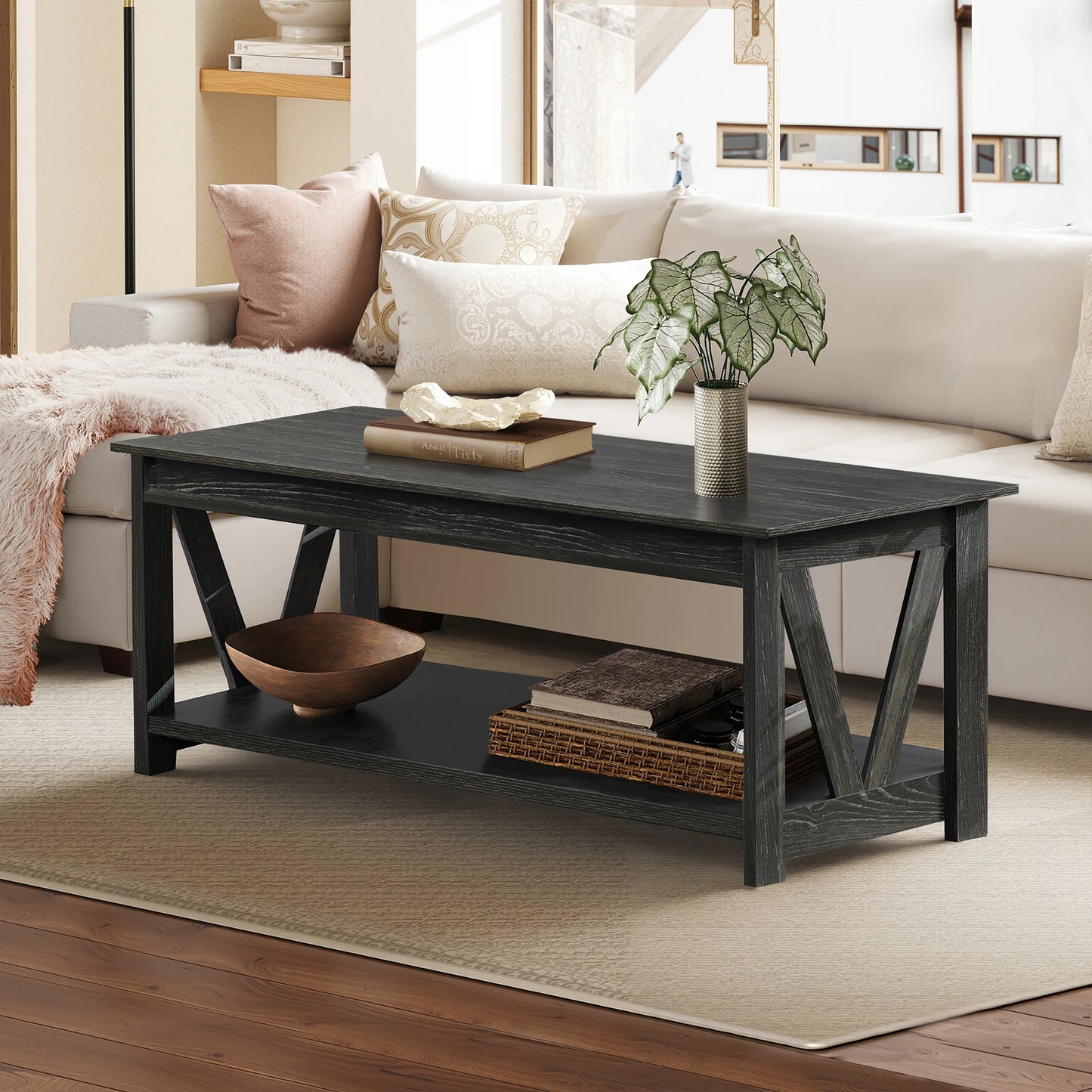 GALAXHERO Wooden Coffee Table With Storage Shelf And V Frame