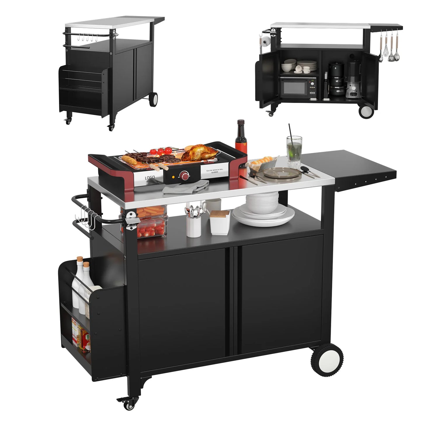 NONECN Outdoor BBQ Serving Cart With Wheels And Hooks
