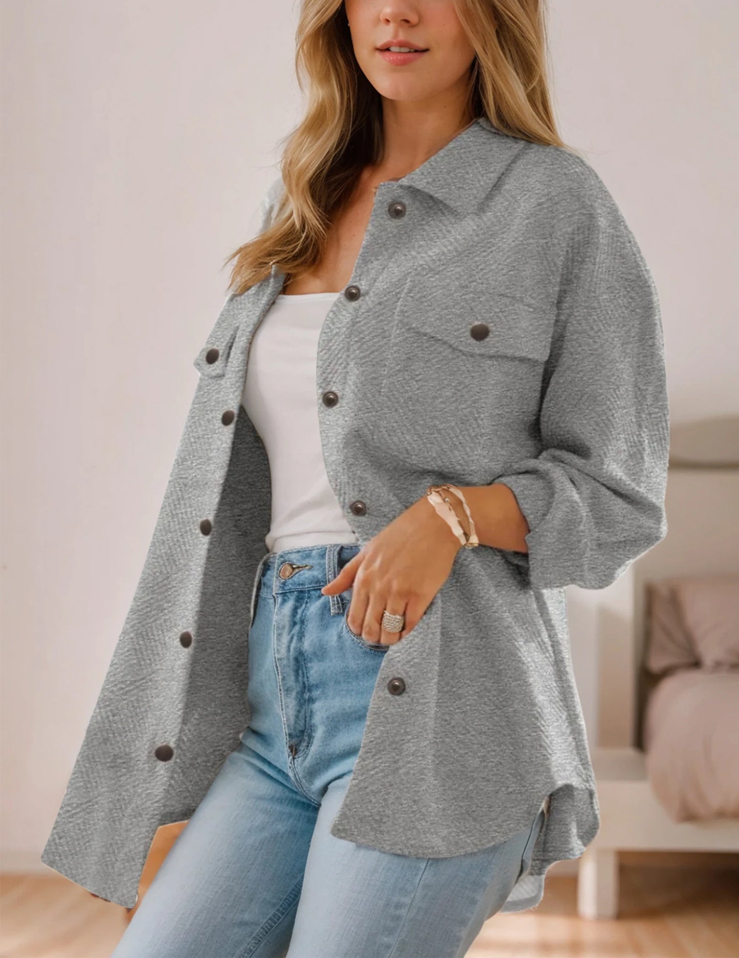 Guangdong Womens Pockets Jacket Flannel Coat Casual Fall