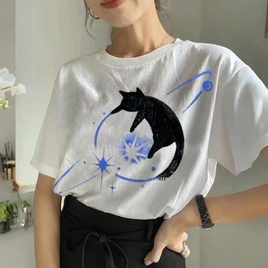 Clothing Summer Cat Print Tee Women Graphic Round Neck Top