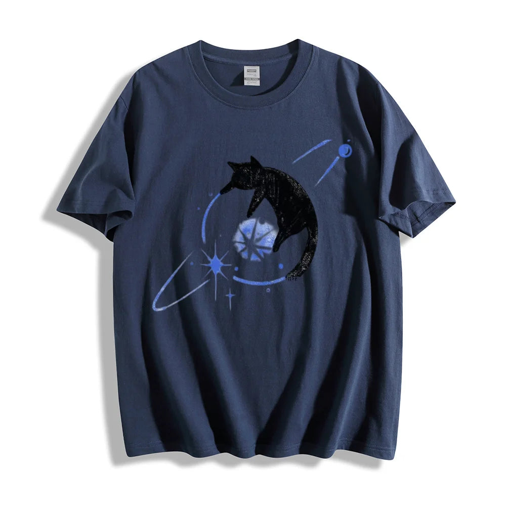 Clothing Summer Cat Print Tee Women Graphic Round Neck Top