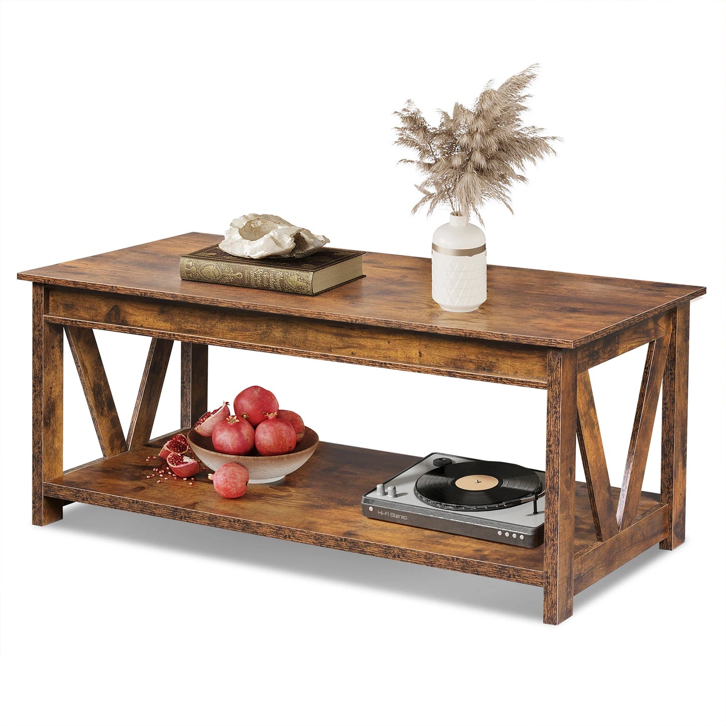GALAXHERO Wooden Coffee Table With Storage Shelf And V Frame