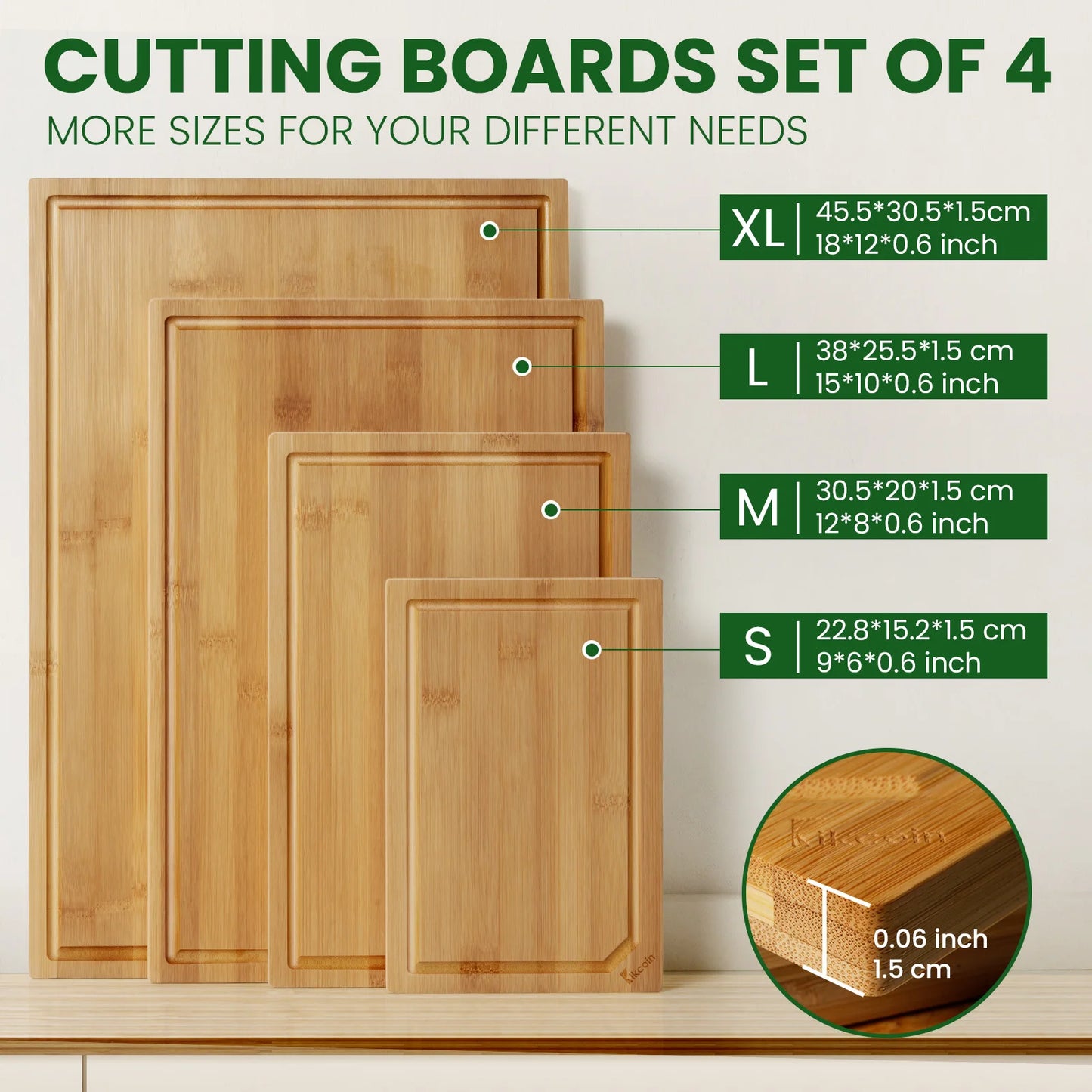 Kikcoin Bamboo Cutting Board Set With Juice Groove And Grip
