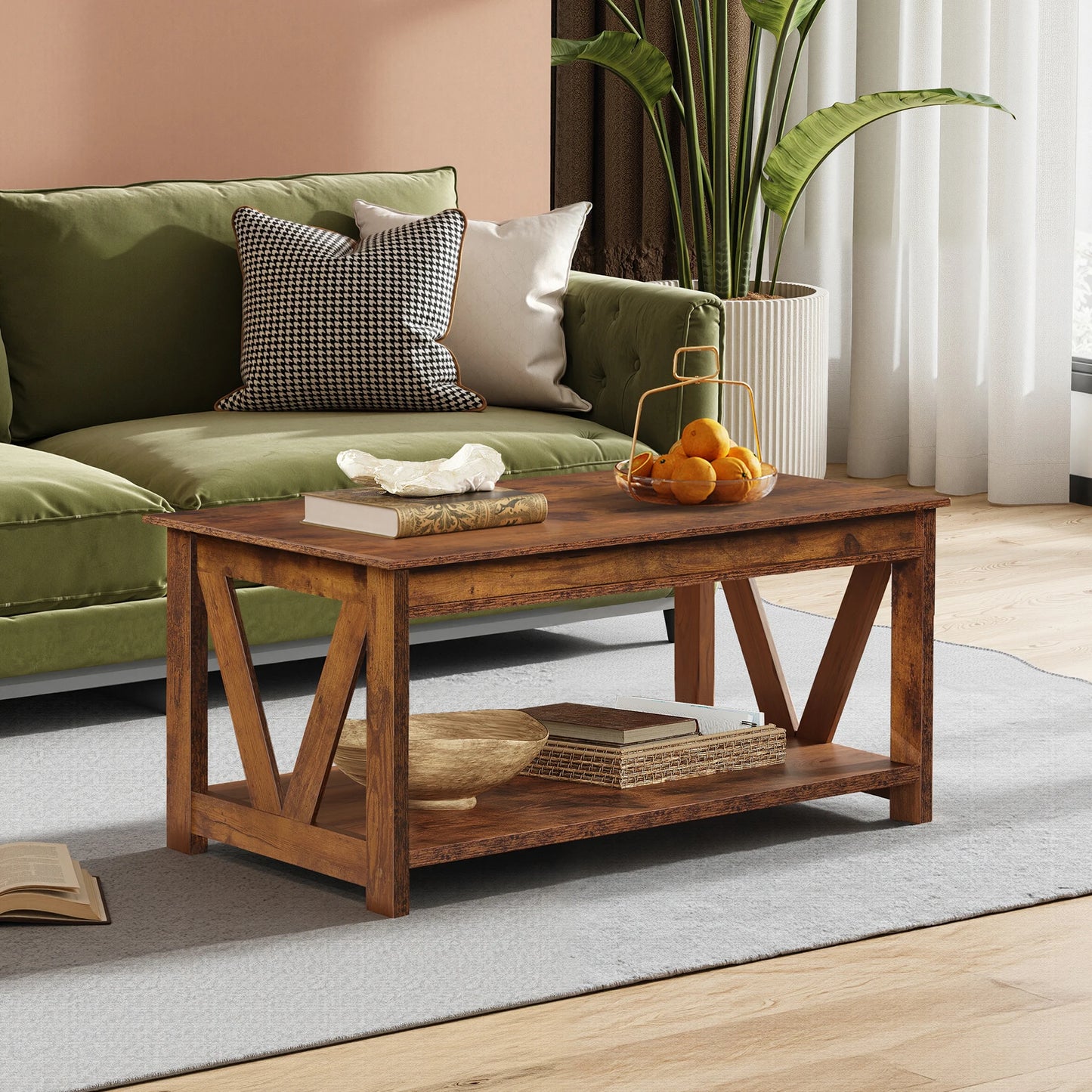 GALAXHERO Wooden Coffee Table With Storage Shelf And V Frame