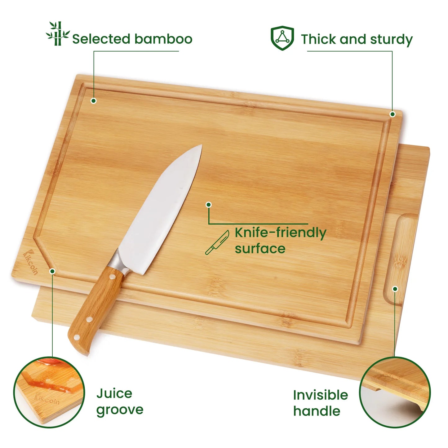 Kikcoin Bamboo Cutting Board Set With Juice Groove And Grip