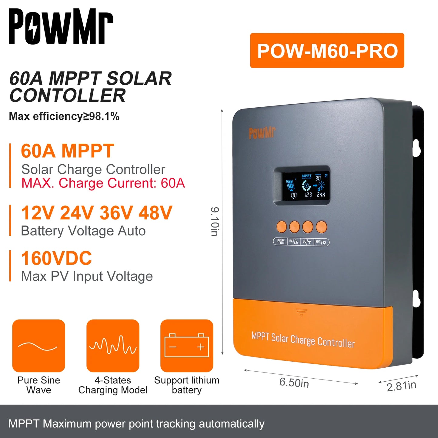 PowMr MPPT 60A Solar Charger Controller 160VDC Max PV Input