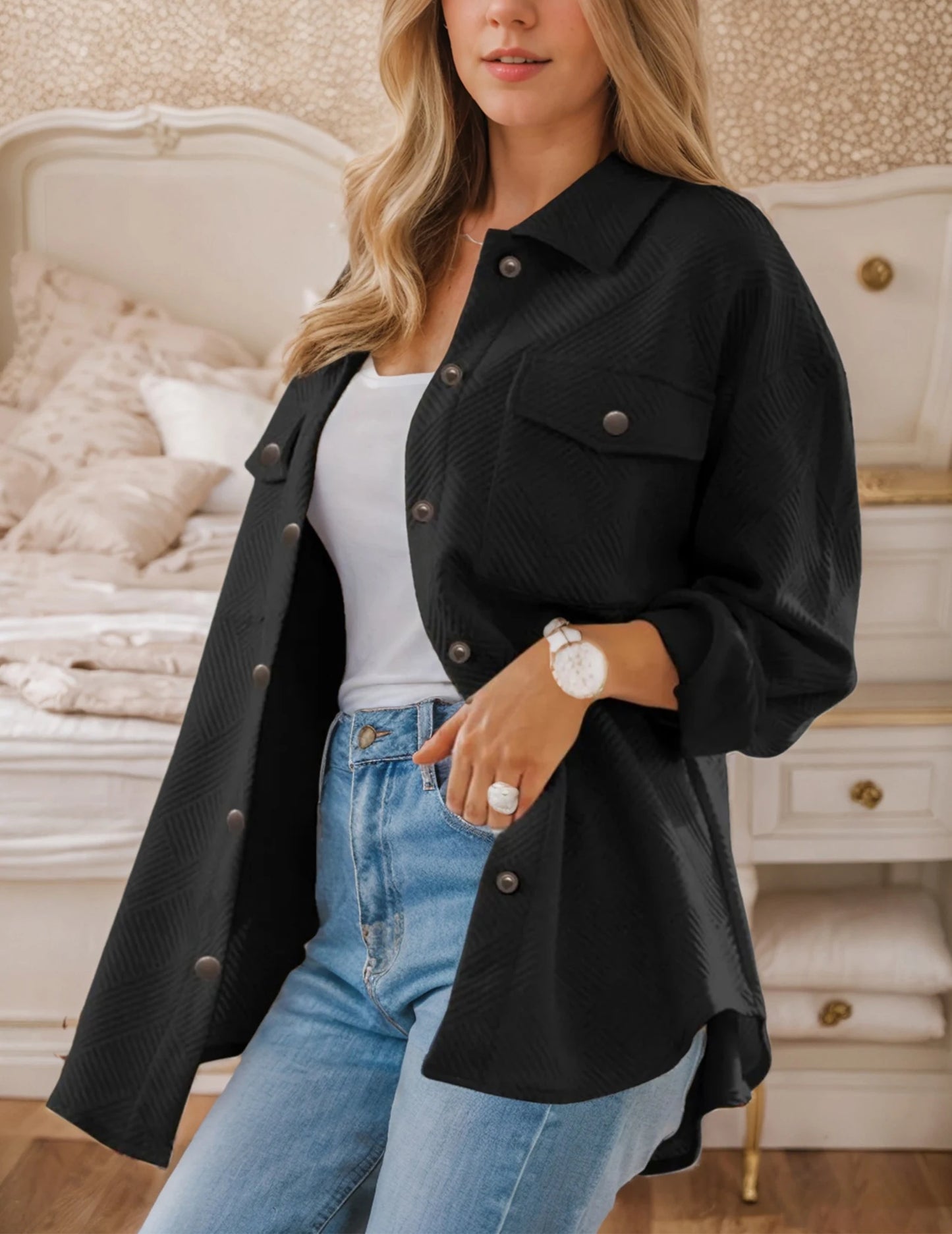 Guangdong Womens Pockets Jacket Flannel Coat Casual Fall