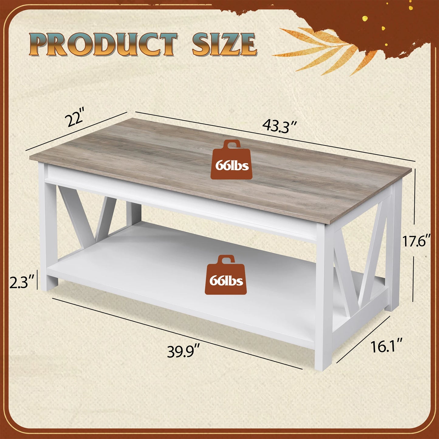 GALAXHERO Wooden Coffee Table With Storage Shelf And V Frame