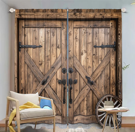 Anhui Farmhouse Curtains 2Pcs 3D Wooden Door Pattern