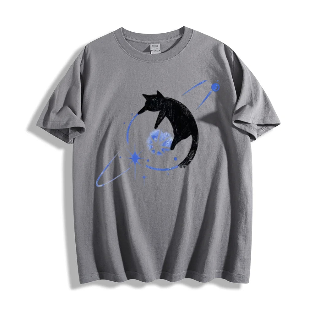 Clothing Summer Cat Print Tee Women Graphic Round Neck Top