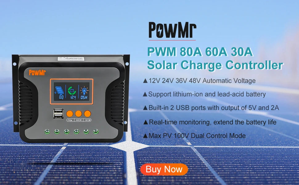 PowMr MPPT 60A Solar Charge Controller 12V 24V 36V 48V LiFePO4 Auto