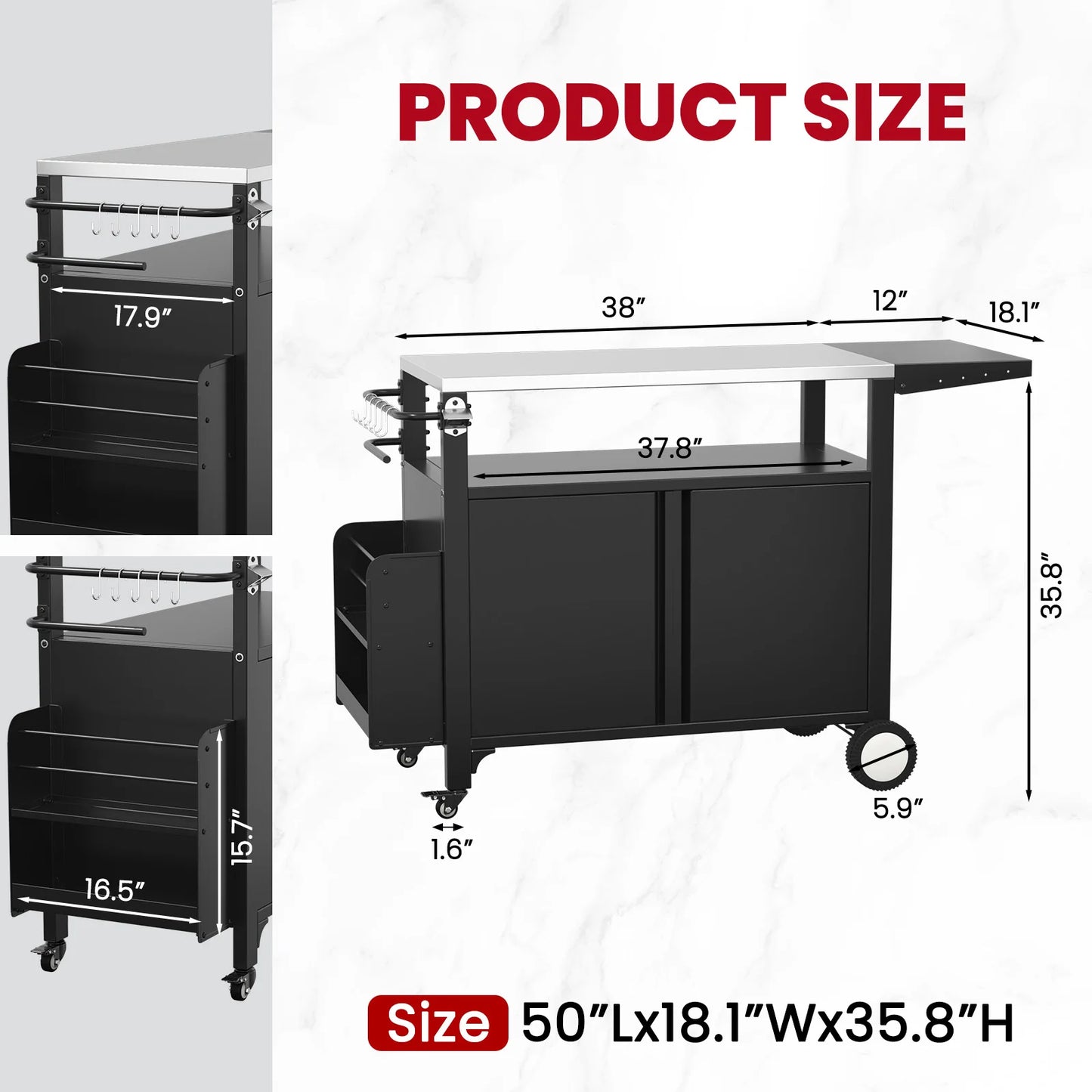 NONECN Outdoor BBQ Serving Cart With Wheels And Hooks