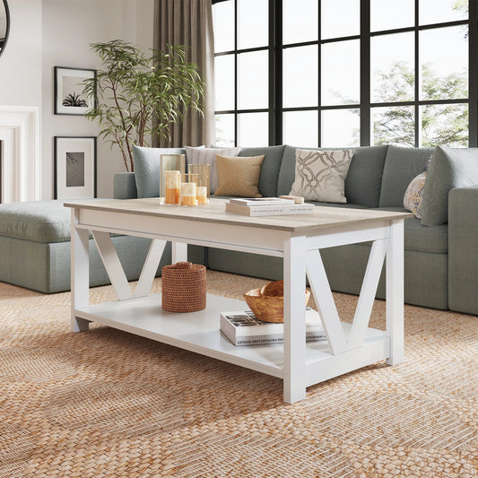 GALAXHERO Wooden Coffee Table With Storage Shelf And V Frame