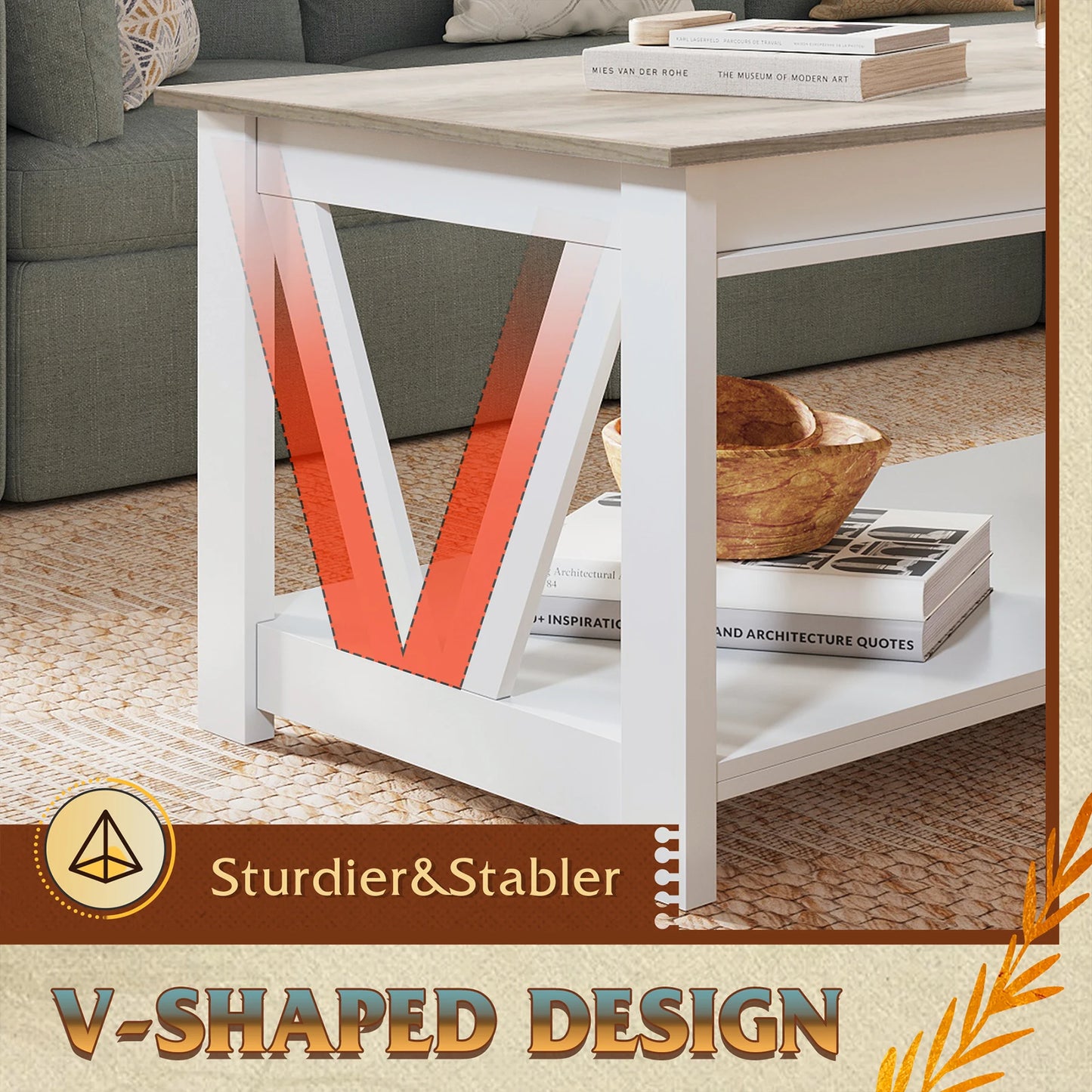 GALAXHERO Wooden Coffee Table With Storage Shelf And V Frame