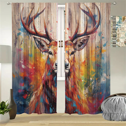 Anhui Deer Art Curtains 2 Pcs Vintage Wood Board Print