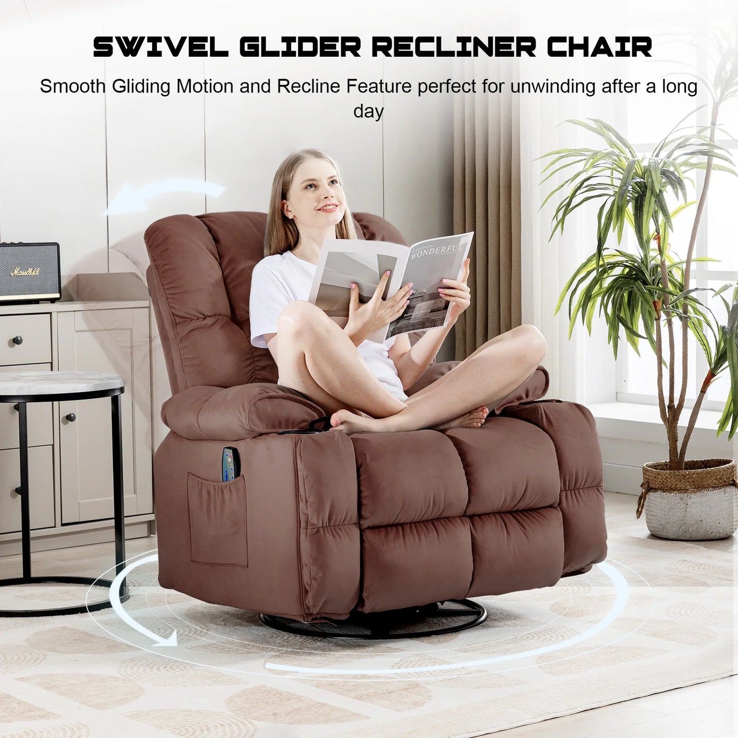 Comhoma Recliner Chair Swivel Rocker With Cup Holders
