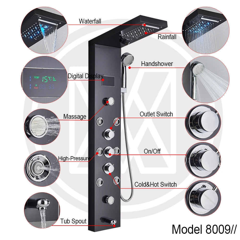 MYQualife LED Light Shower Panel Waterfall Digital Display Shower System