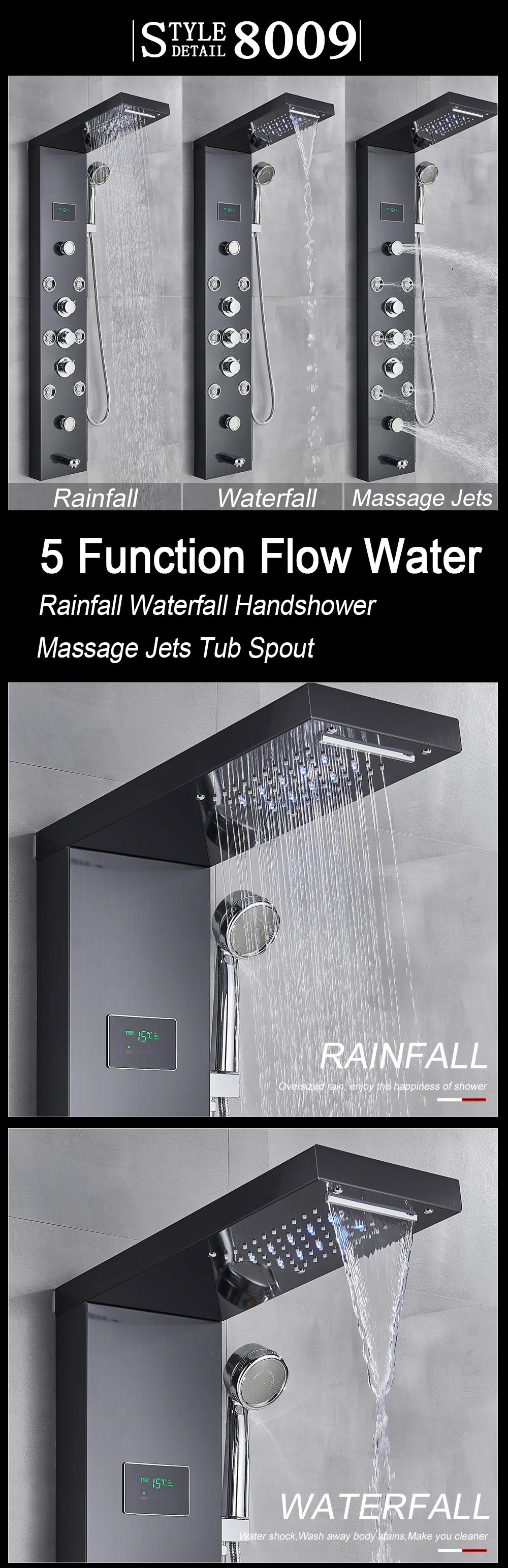 MYQualife LED Light Shower Panel Waterfall Digital Display Shower System