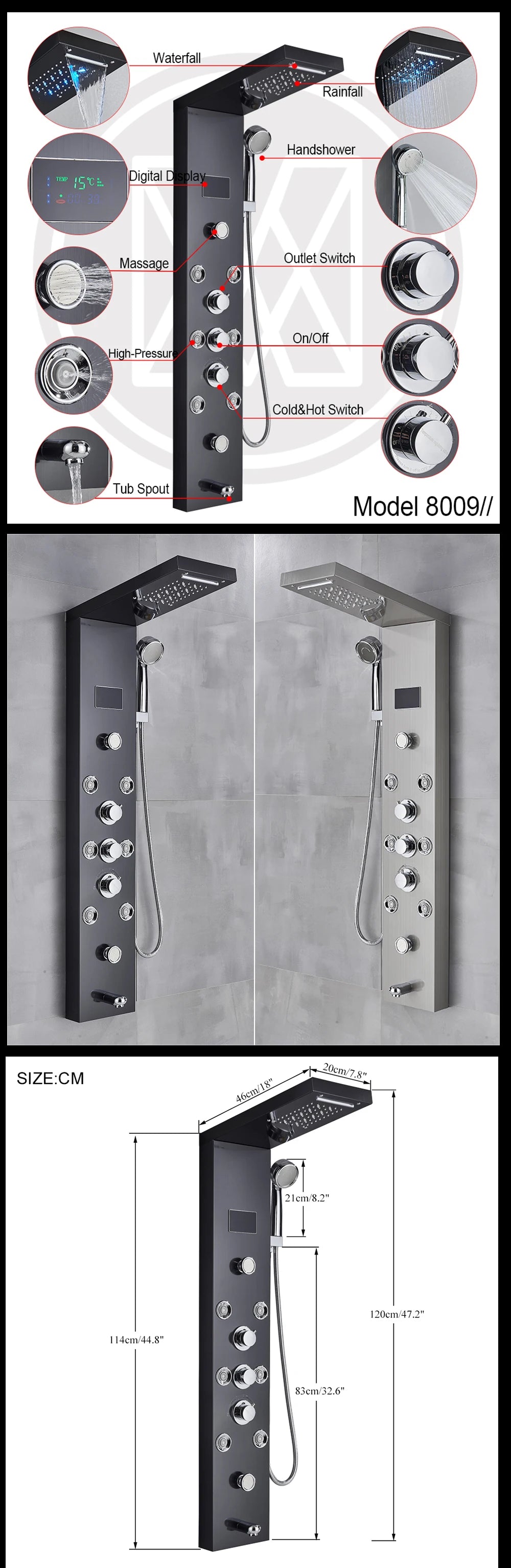 MYQualife LED Light Shower Panel Waterfall Digital Display Shower System