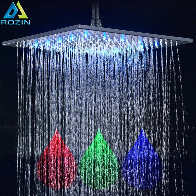 Rozin Brass Square LED Rainfall Shower Head With Wall Mount