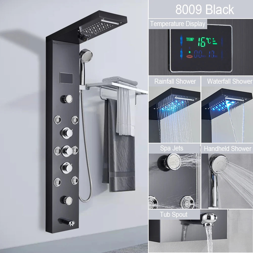 MYQualife LED Light Shower Panel Waterfall Digital Display Shower System