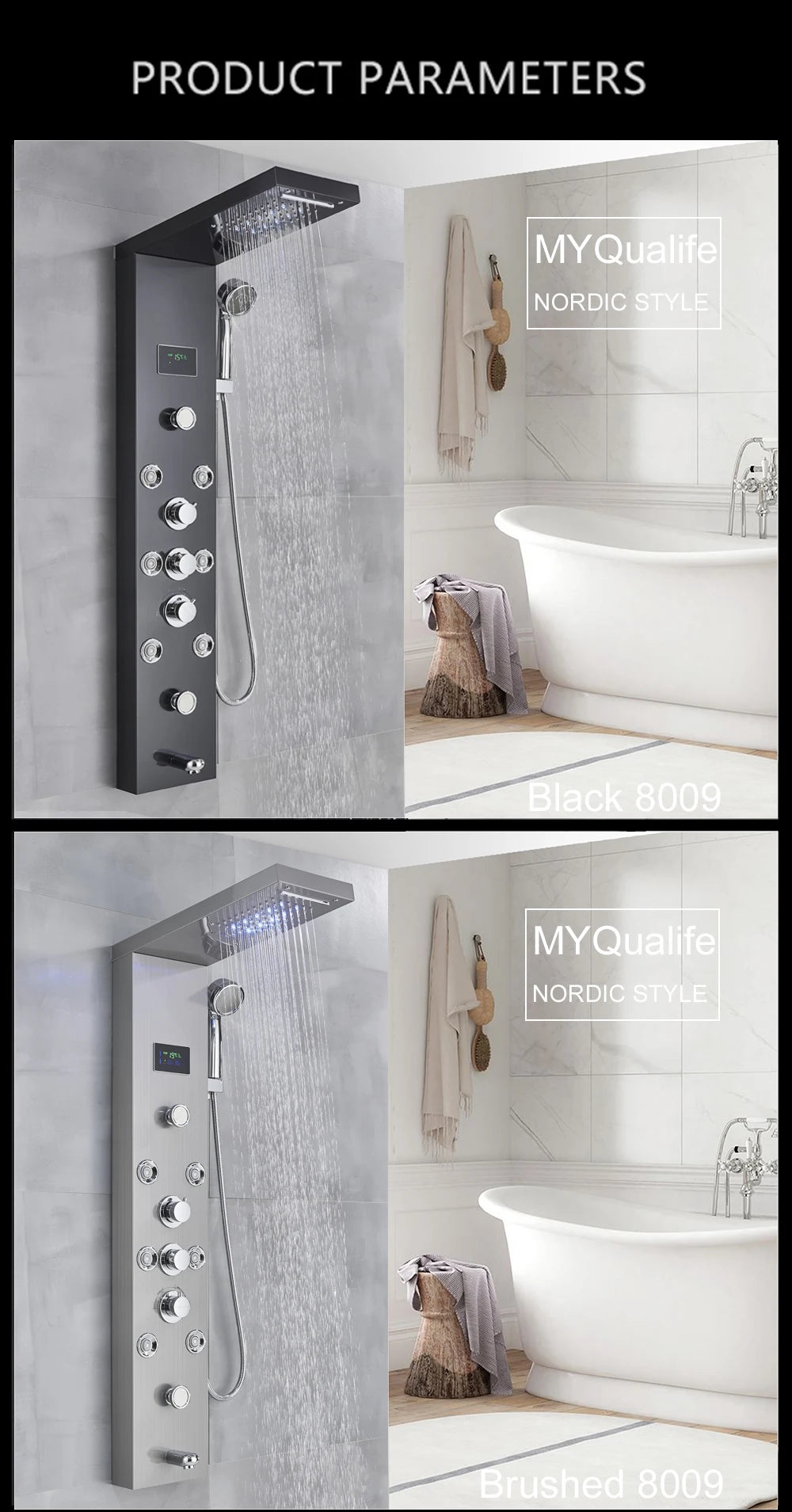 MYQualife LED Light Shower Panel Waterfall Digital Display Shower System