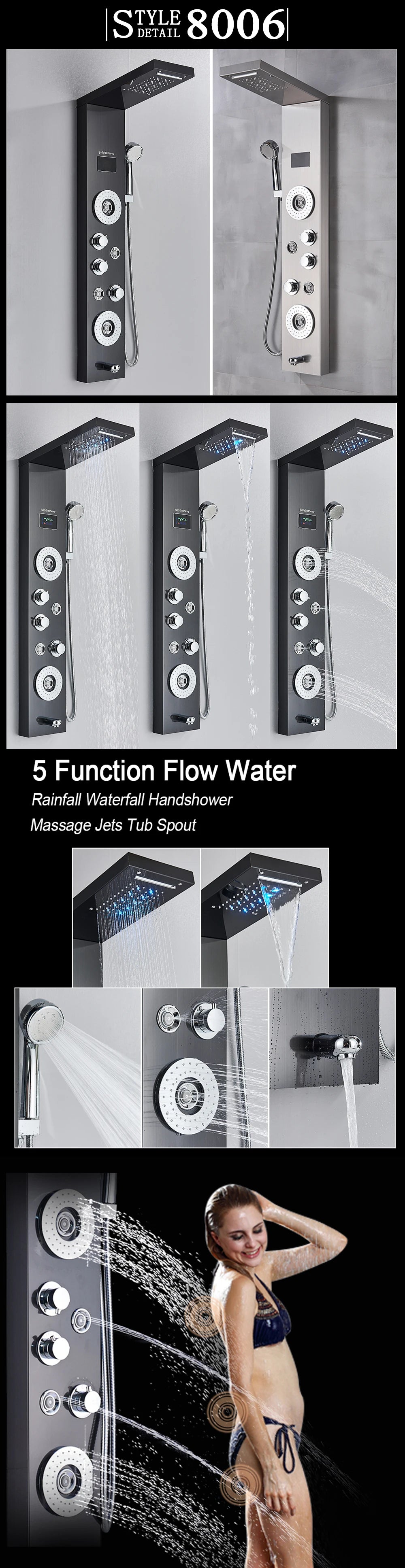 MYQualife LED Light Shower Panel Waterfall Digital Display Shower System