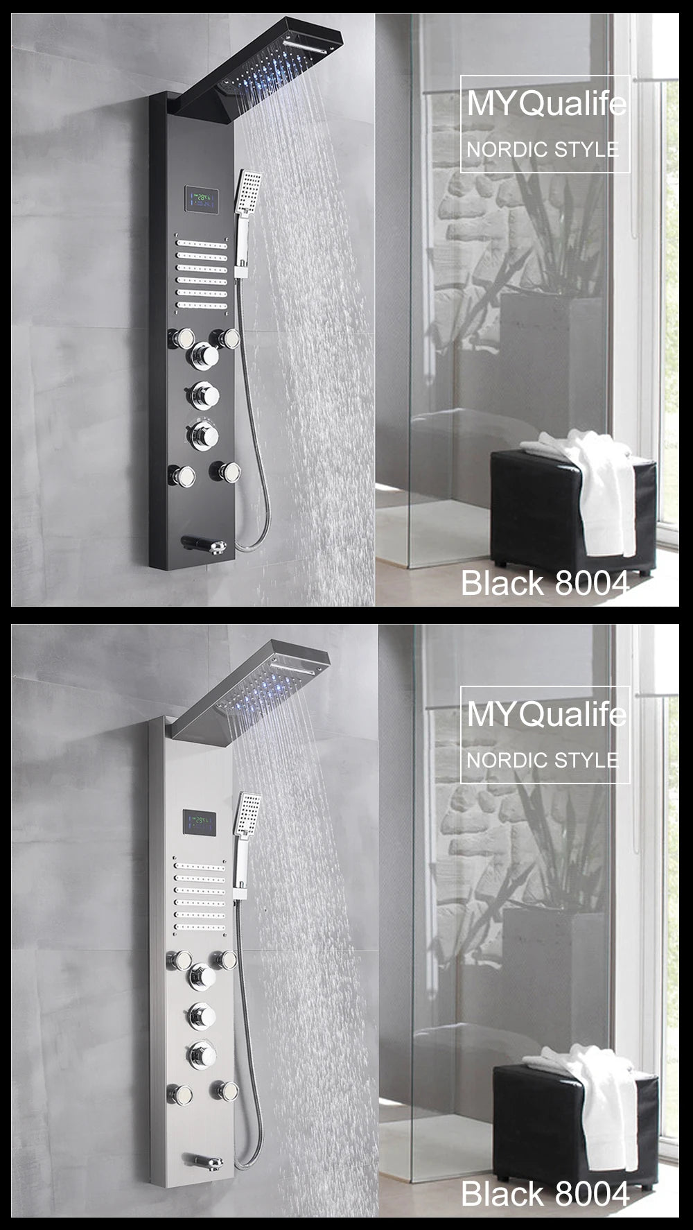 MYQualife LED Light Shower Panel Waterfall Digital Display Shower System