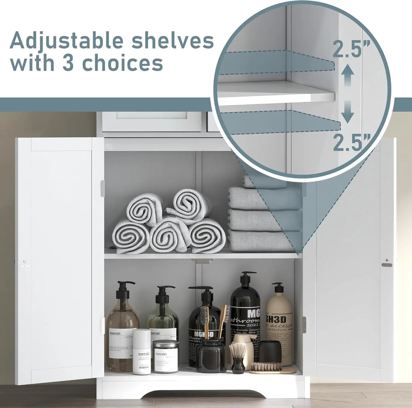 Freestanding Bathroom Storage Cabinet With Glass Doors And Shelves
