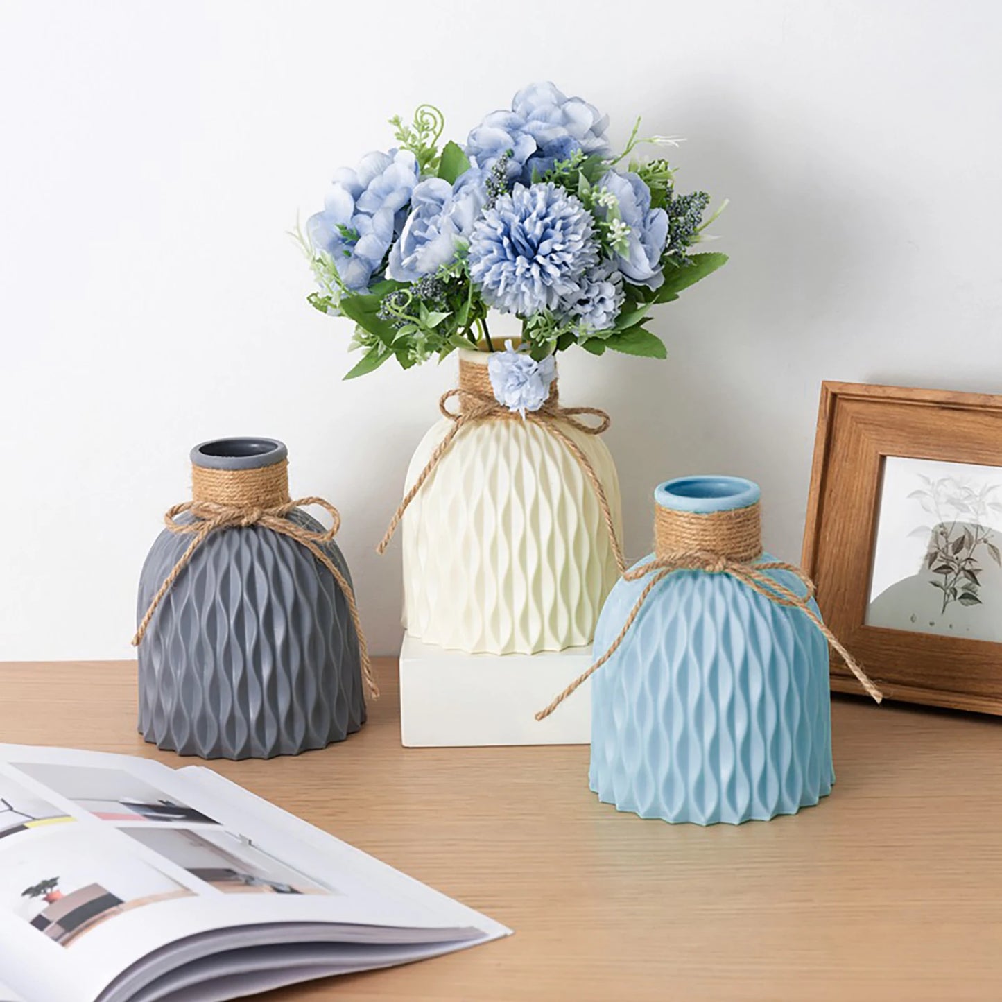 Hignconcerned 3pc Plastic Vases Set Rattan Unbreakable Decor