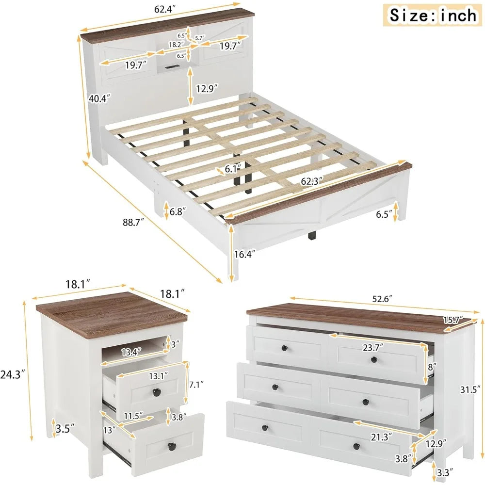RBXC Farmhouse 3 Piece Bedroom Platform Bed With Storage