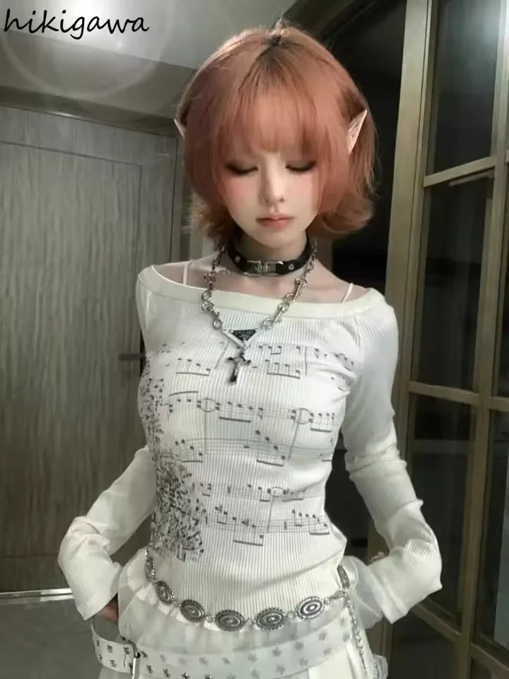 Hirigin Women Off Shoulder Top Slim Fit Long Sleeve Print