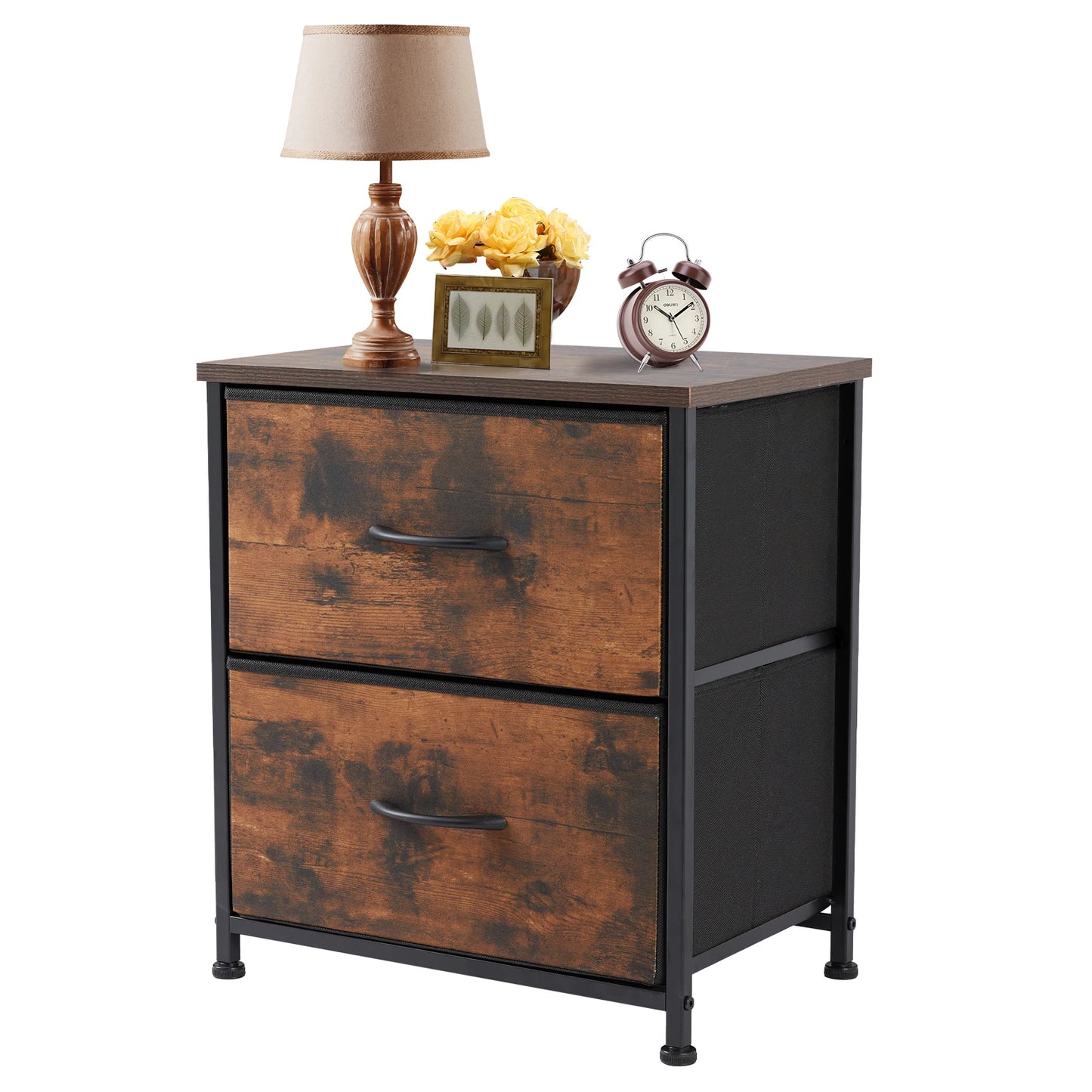 JHK Nightstand Bedside Table With Fabric Drawers Storage Cabinet