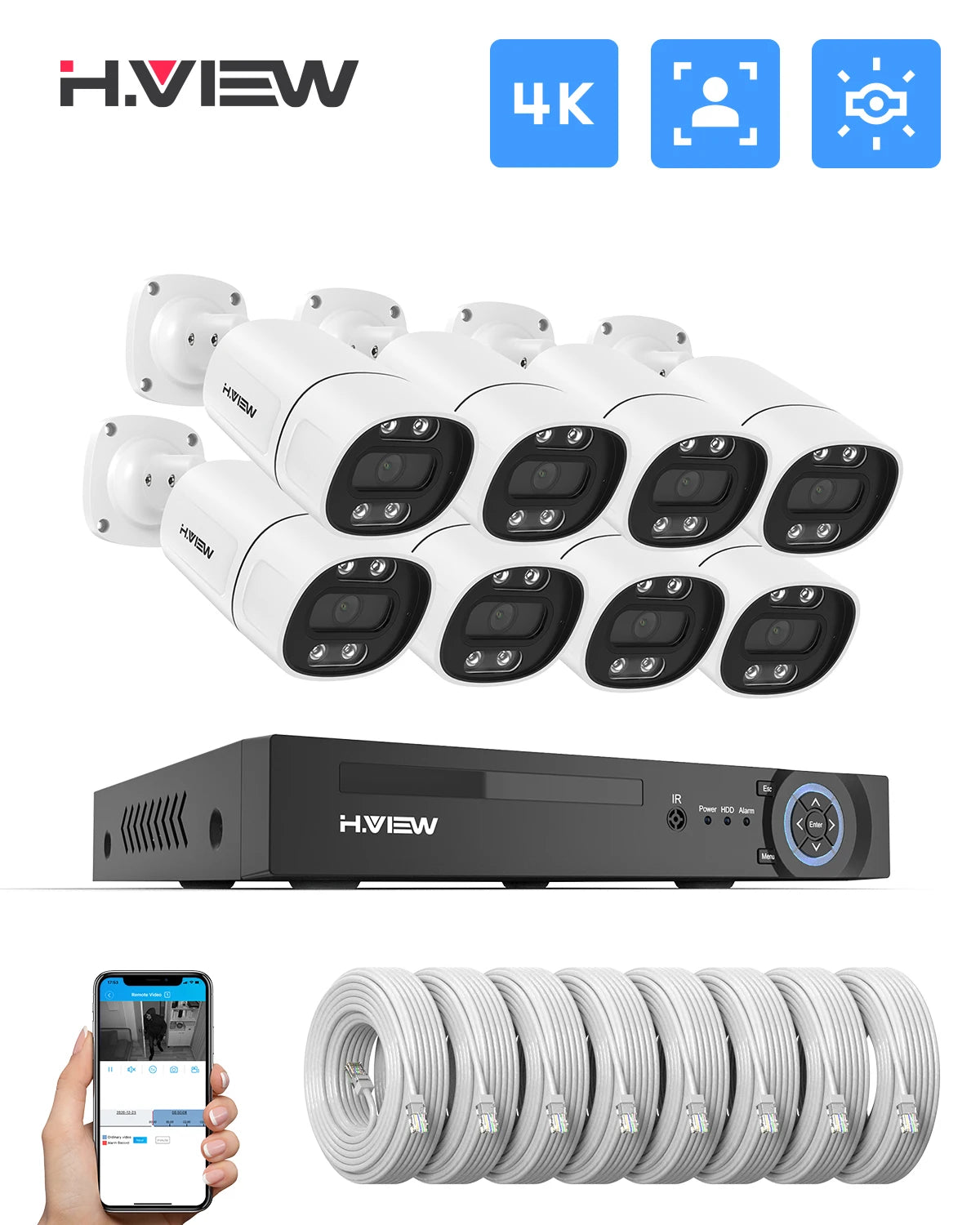 H.VIEW 4K 8CH POE CCTV Security Camera System NVR Kit XMEye