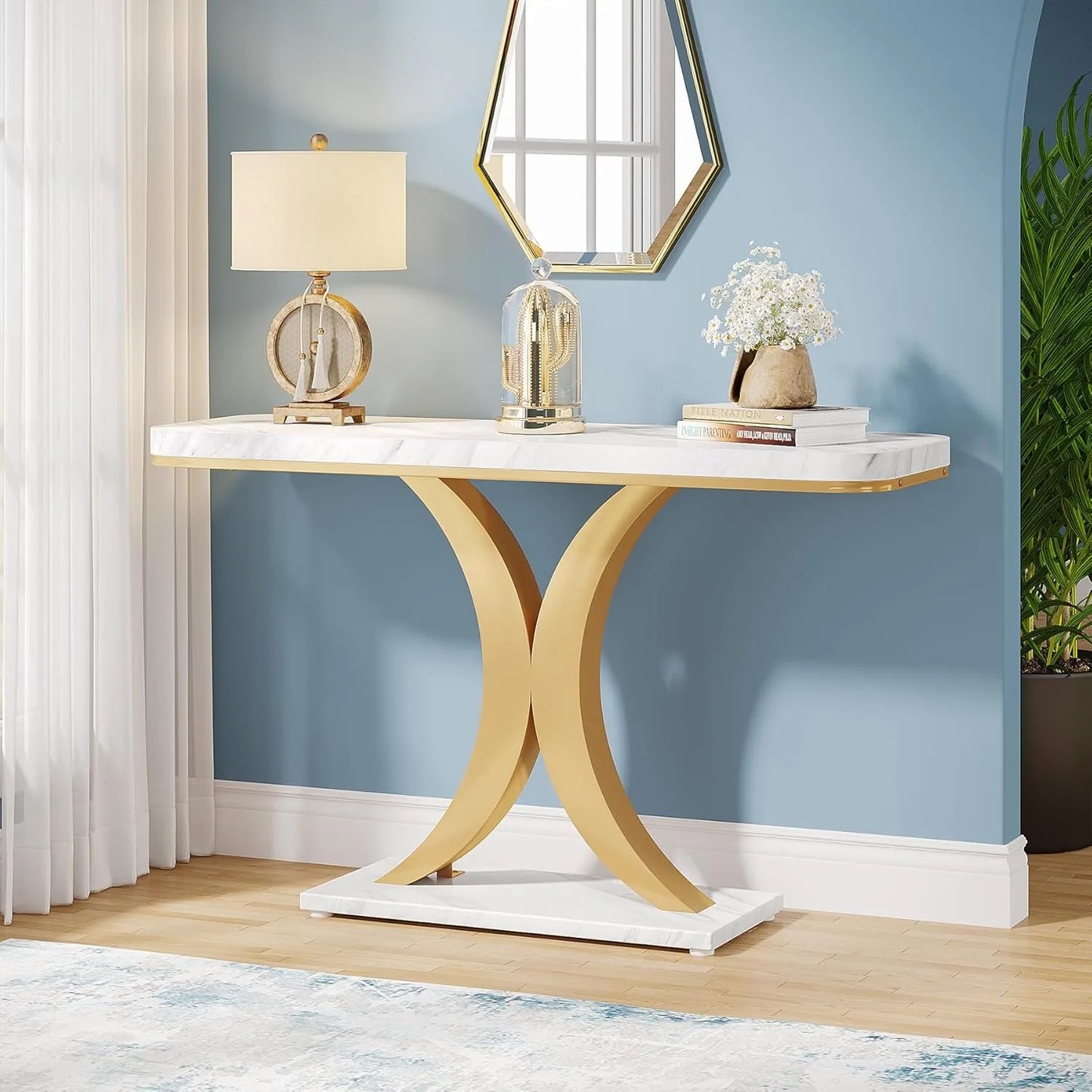 Little Tree Industrial Console Table Geometric Base for Entryway