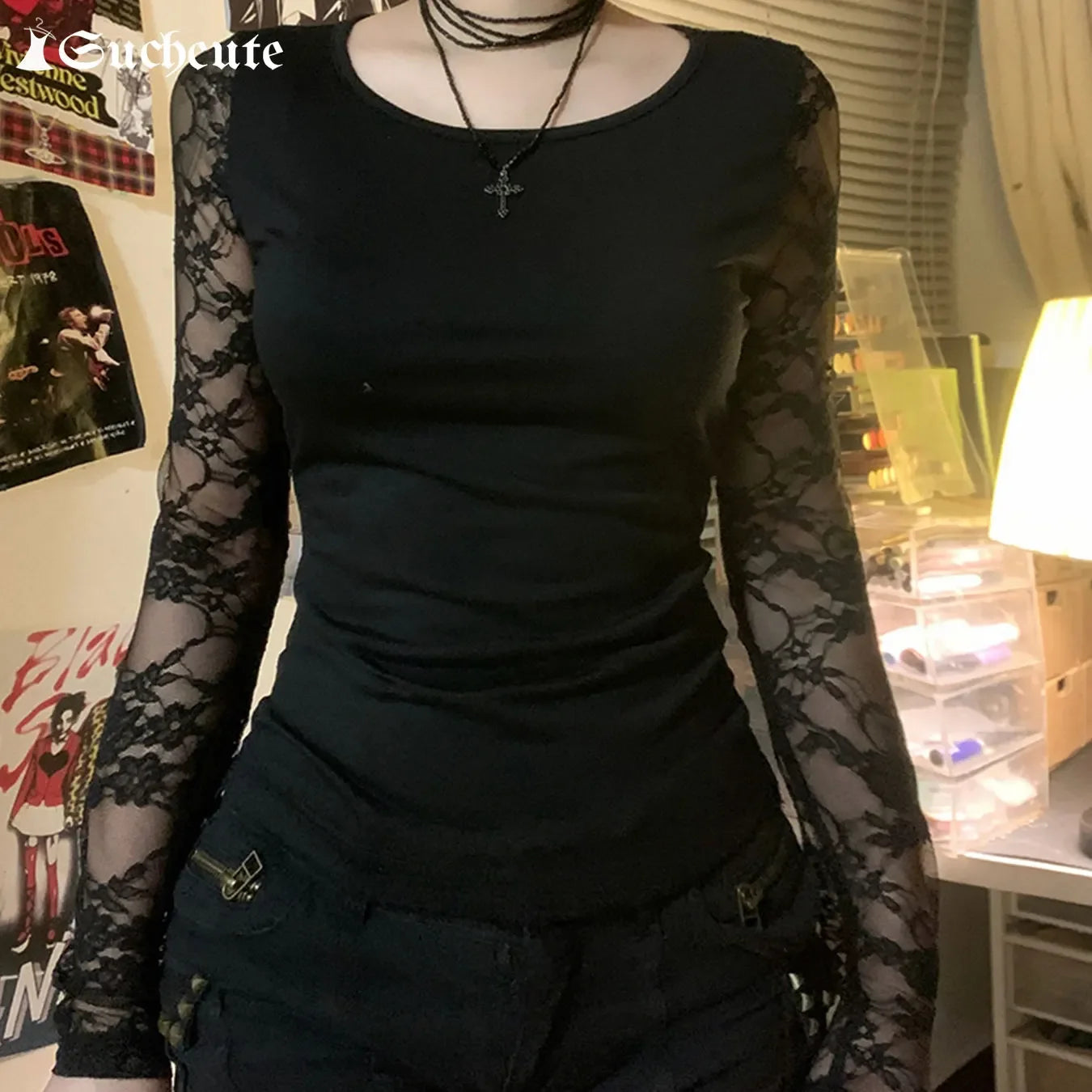 Gothic Lace Long Sleeve Crop Top Women Y2K Aesthetic Tee