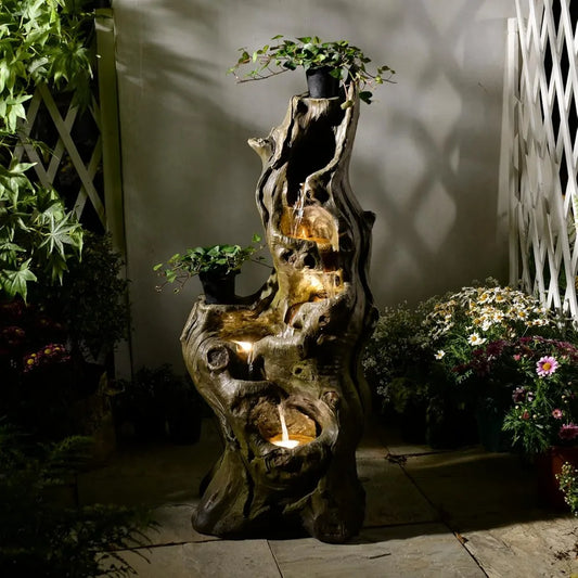 Sunlinua Outdoor 5 Tier Cascading Water Fountain Resin Imitation Wood