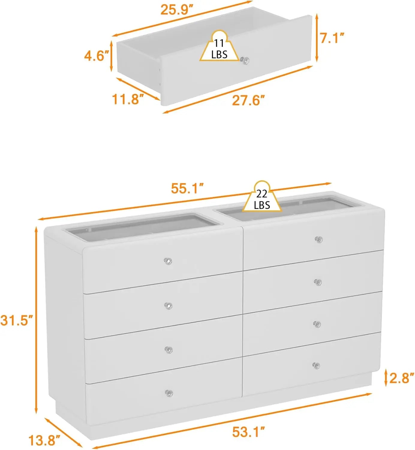 XMSJ Glass Top 8 Drawer Dresser for Bedroom Living Room