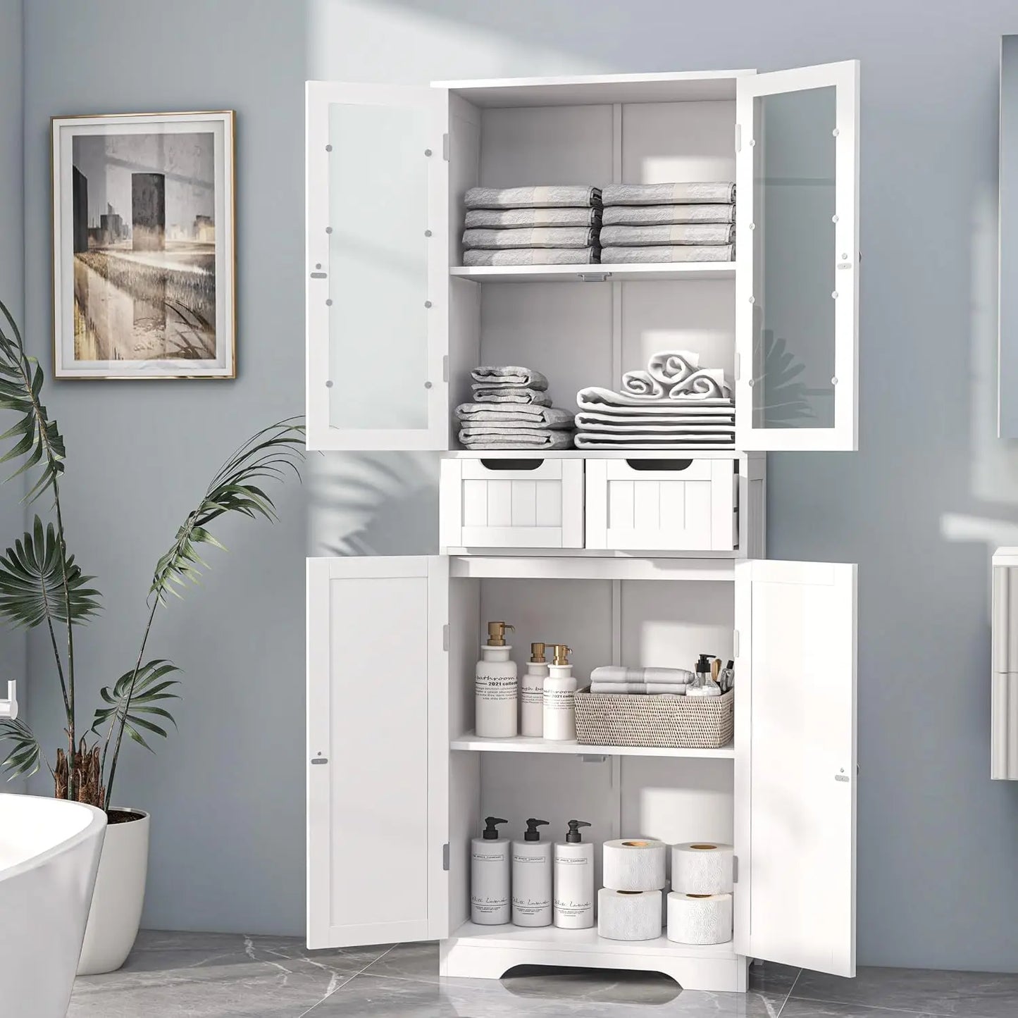 Freestanding Bathroom Storage Cabinet With Glass Doors And Shelves