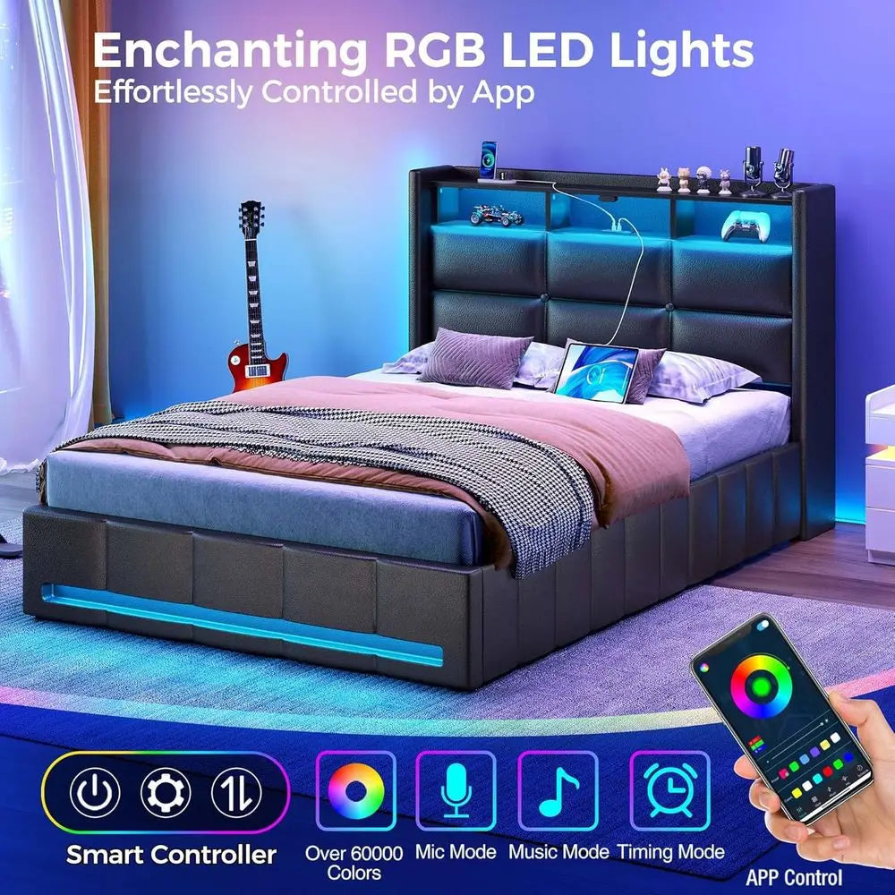 Twin Bed With Illuminated Storage And USB Charging Headboard