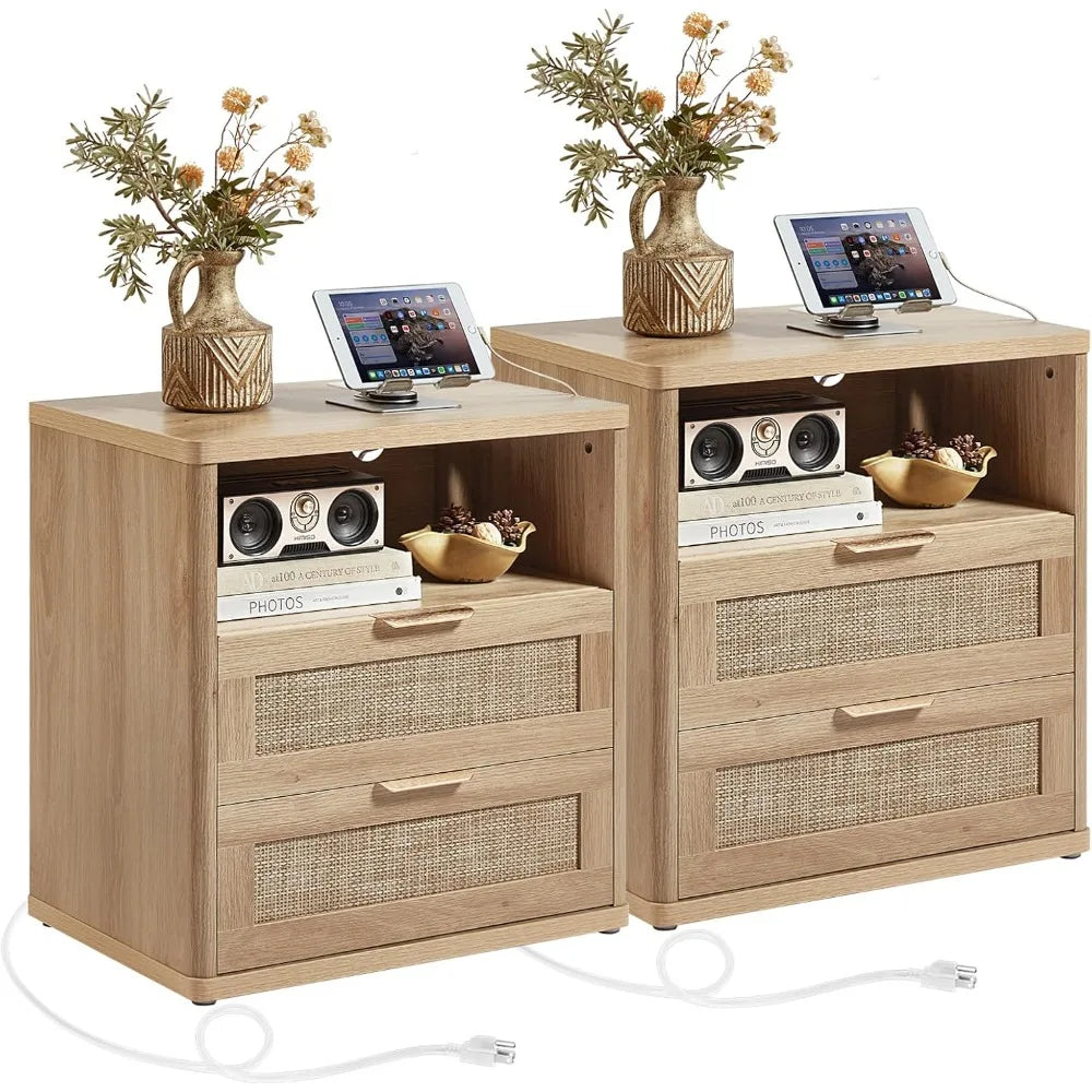 MKDK Rattan Nightstands Set Of 2 With Charger Station