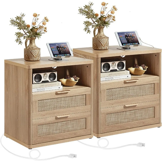 MKDK Rattan Nightstands Set Of 2 With Charger Station