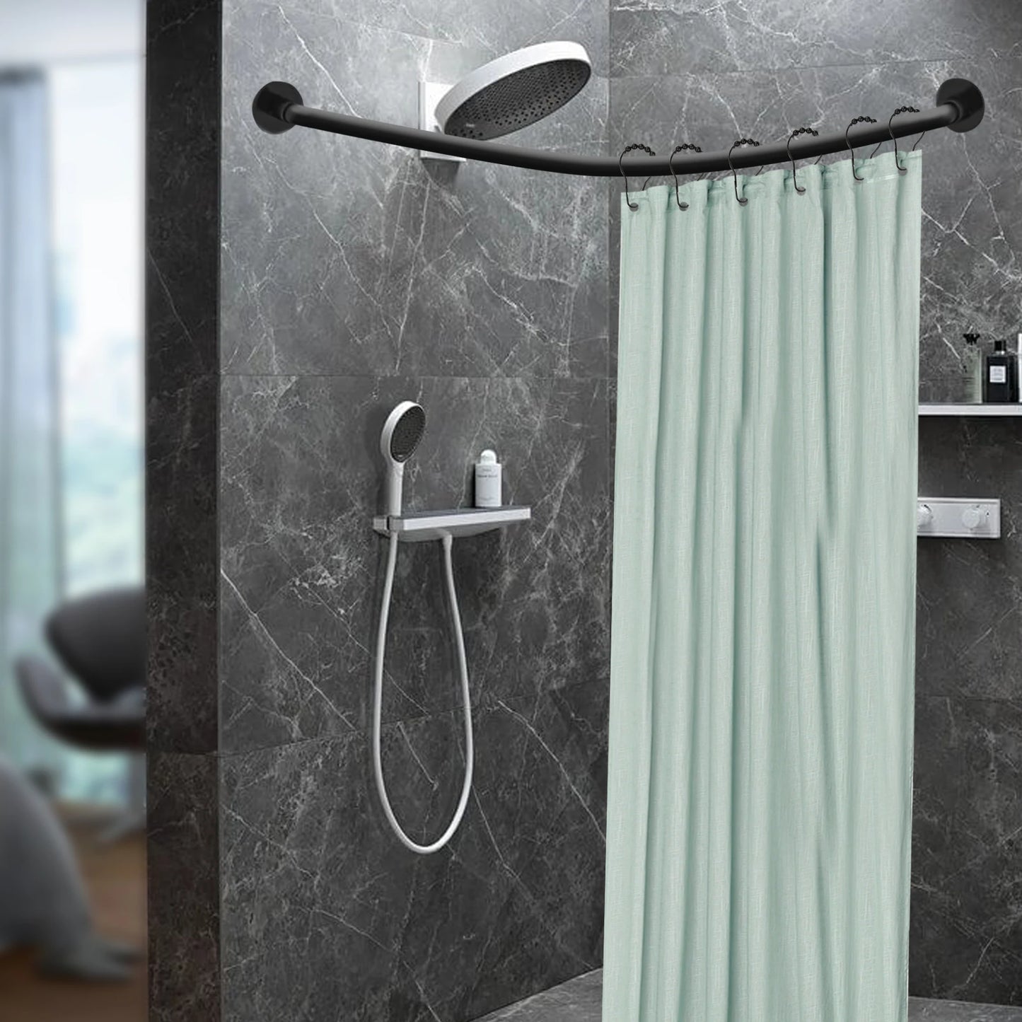 Stainless Steel L Shape Telescopic Shower Curtain Rail No Drilling With Rings
